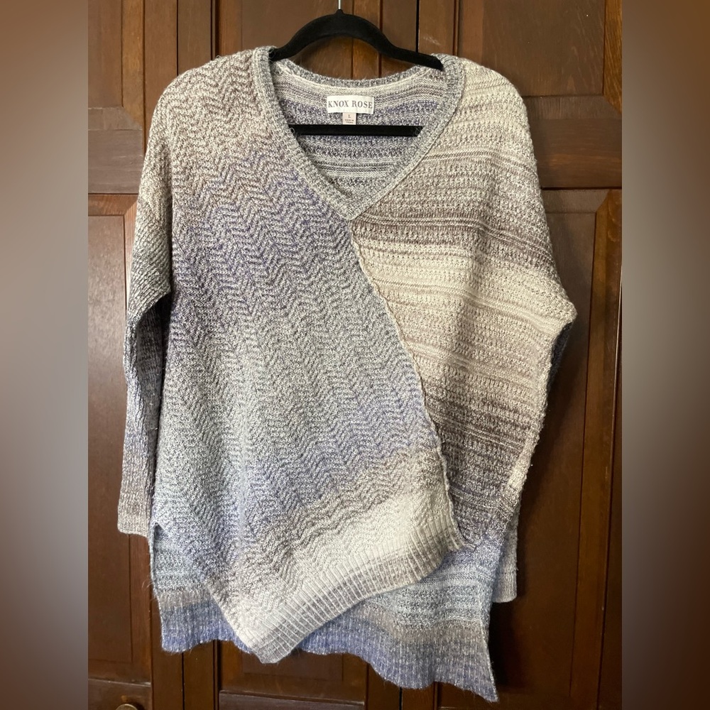 Knox Rose, Blue and Gray Sweater, Asymmetrical Waistline cut, size large